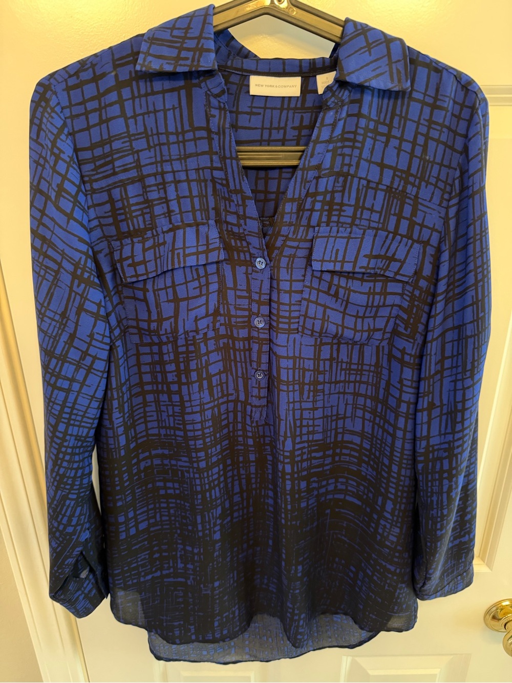 New York & Company Blue and Black Grid-Print Button Front Shirt